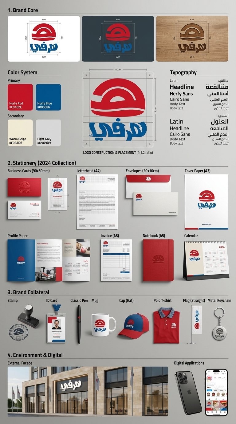 Comprehensive brand identity presentation board with logo construction, colors, stationery, and mockups