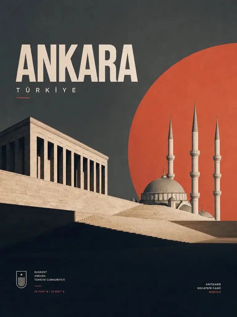 Cinematic minimalist travel poster of Ankara with Anıtkabir and Kocatepe mosque