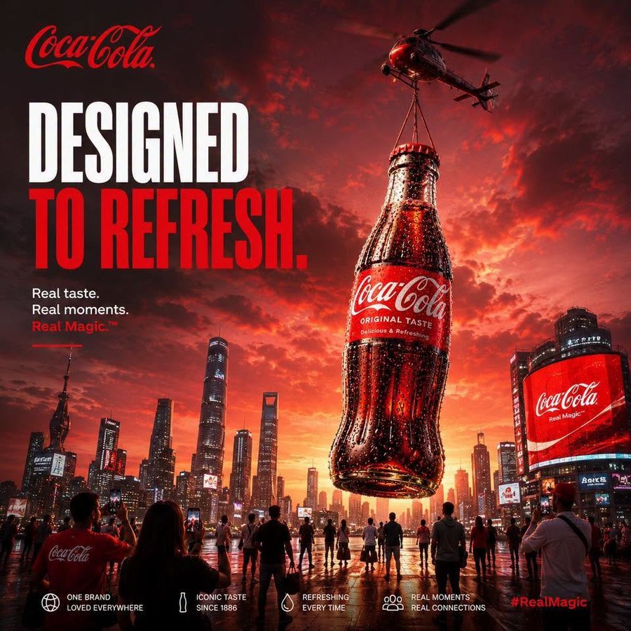 DESIGNED TO REFRESH Coca-Cola billboard — helicopter suspending giant bottle above futuristic city at sunset