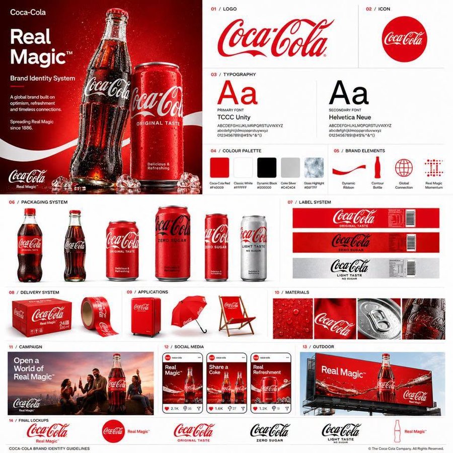 Coca-Cola Real Magic Brand Identity System — 14-tile board with logo, typography, colour palette, packaging, delivery, applications, materials, campaign, social, outdoor and final lockups