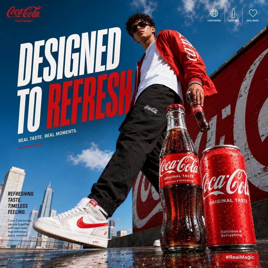 DESIGNED TO REFRESH Coca-Cola campaign poster — male model on rooftop with red bomber, Nike sneakers, glass bottle and can