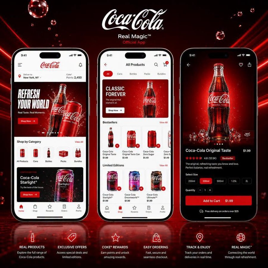 Three iPhone mockups showing Coca-Cola Real Magic app — homepage, product collection page, and detailed product page with size selection and add-to-cart