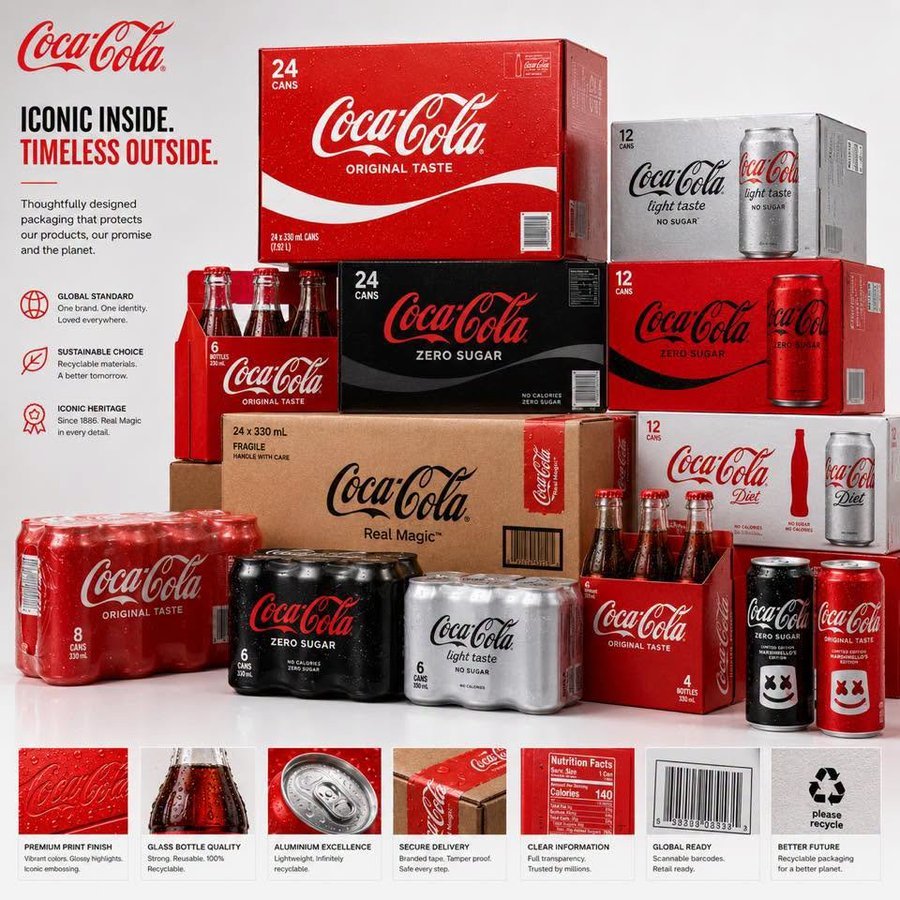 Coca-Cola packaging presentation — stacked boxes, multipacks, delivery cartons, Zero Sugar, Diet and Light Taste editions with material close-ups