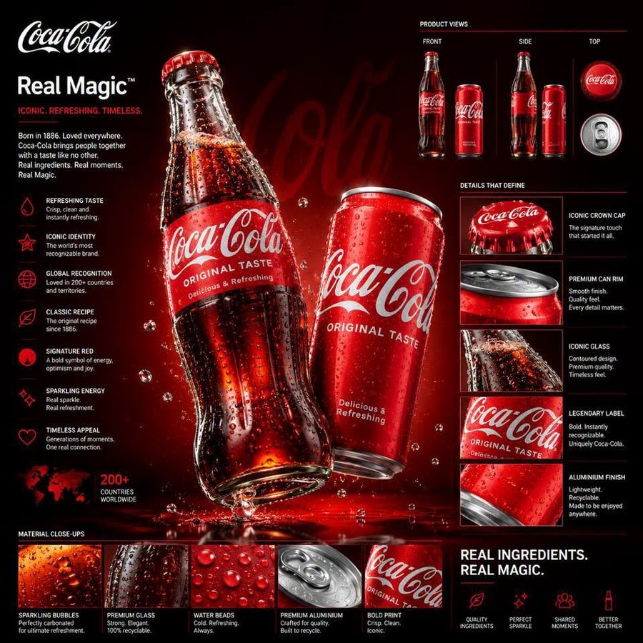 Coca-Cola Real Magic brand identity board with feature callouts, product views and material close-ups