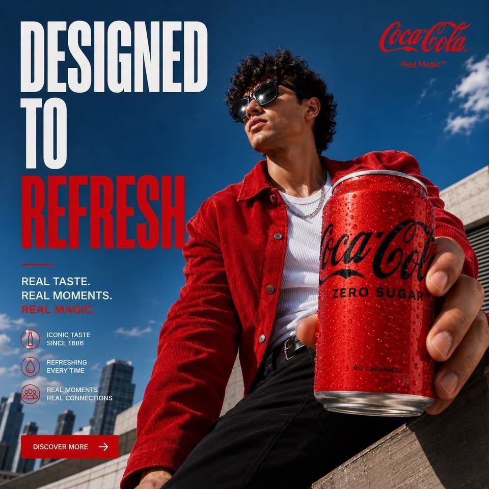 DESIGNED TO REFRESH Coca-Cola Zero Sugar Instagram campaign — male model in red corduroy jacket holding red can against blue sky