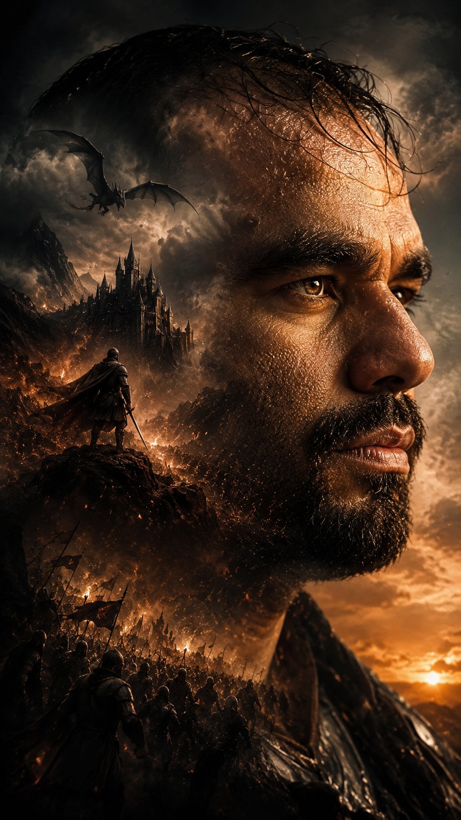 Dark fantasy cinematic movie poster with double exposure composition