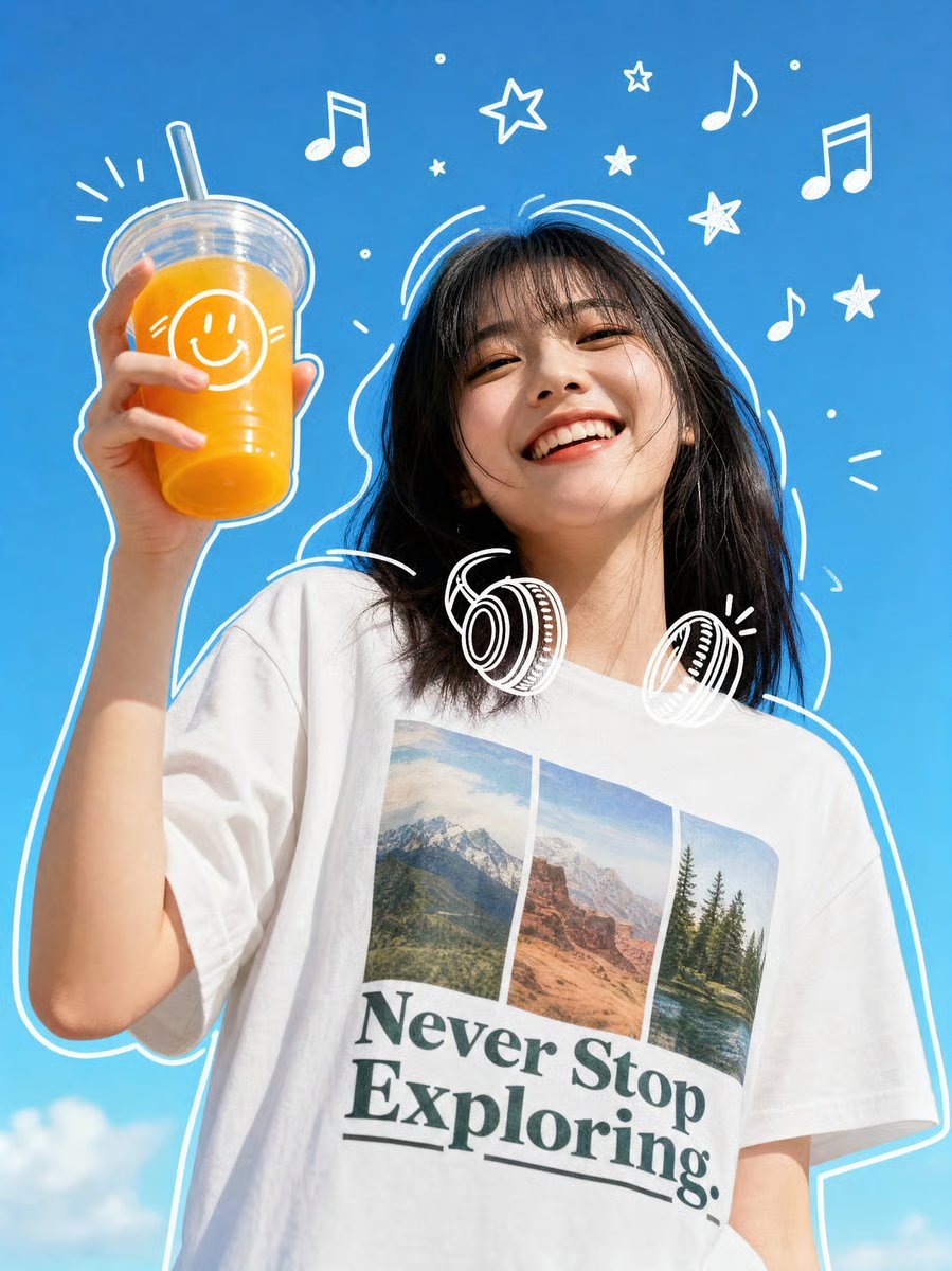 Joyful portrait with hand-drawn white doodle overlays against blue sky