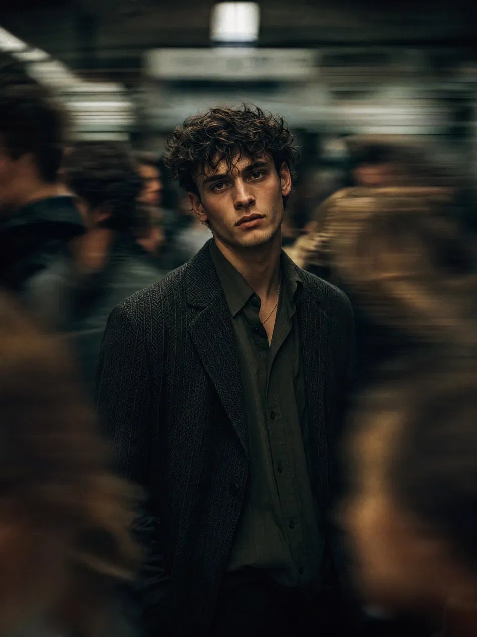 Cinematic editorial portrait of a young man standing motionless in a blurred moving subway crowd