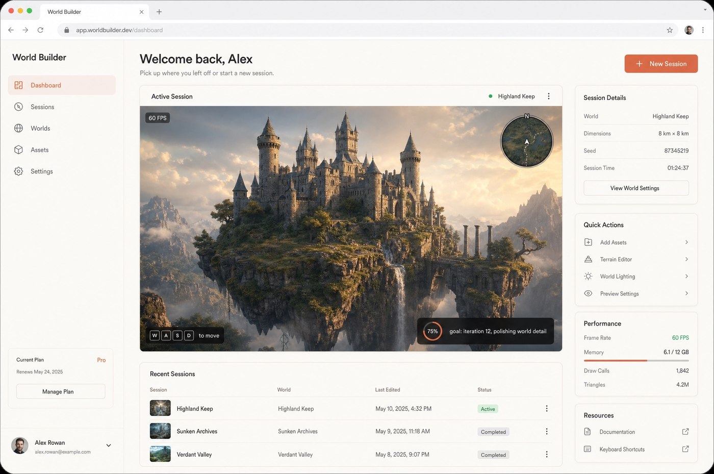 World Builder browser game — a floating castle at golden hour with rocky terrain and waterfalls, running at 60 FPS with WASD controls, session details showing 8km x 8km dimensions and 4.2M triangles