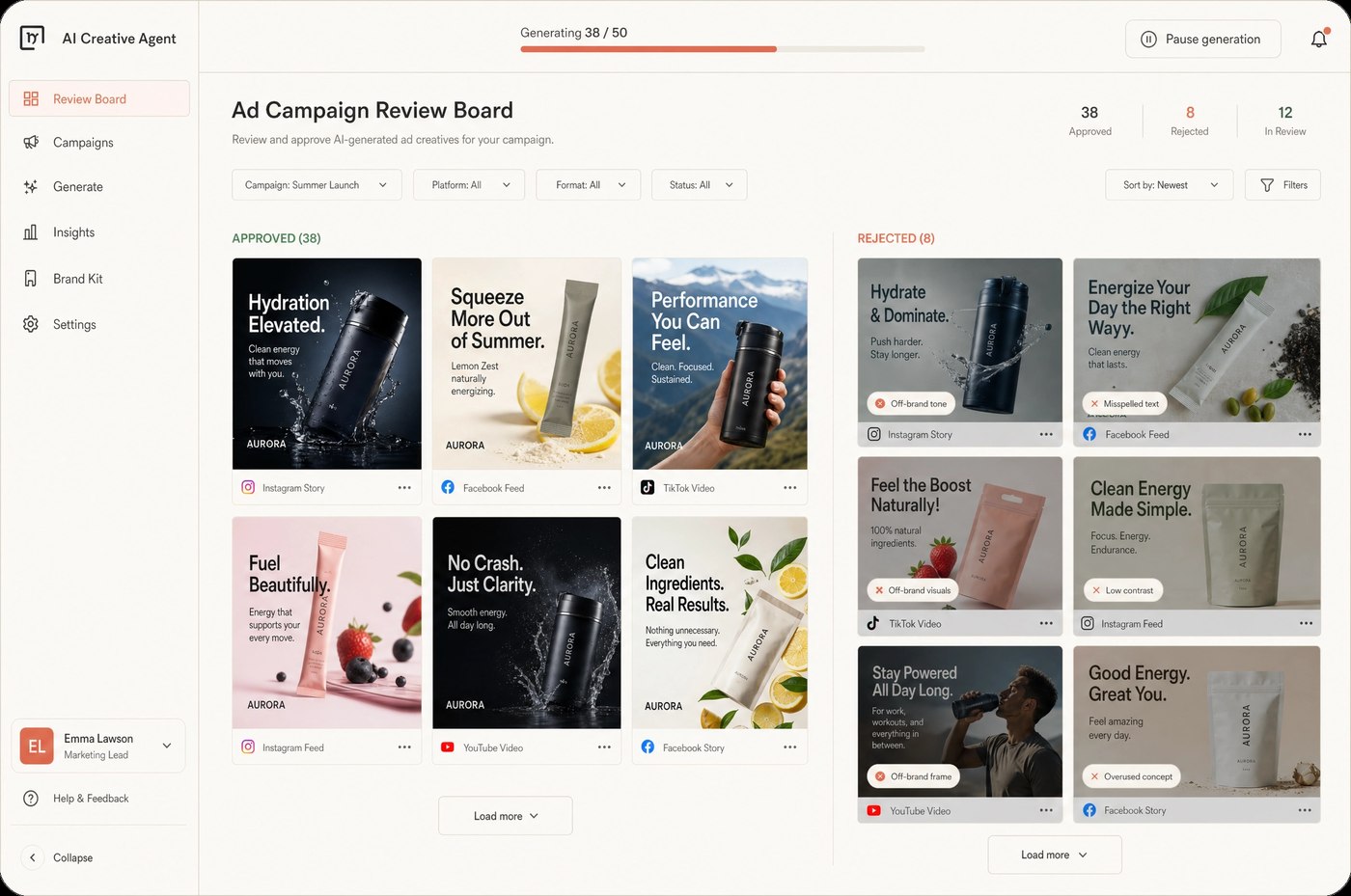 AI Creative Agent Ad Campaign Review Board showing 38 approved and 8 rejected ad creatives for AURORA hydration brand across Instagram, TikTok, Facebook, and YouTube, with rejection reasons like off-brand tone and misspelled text