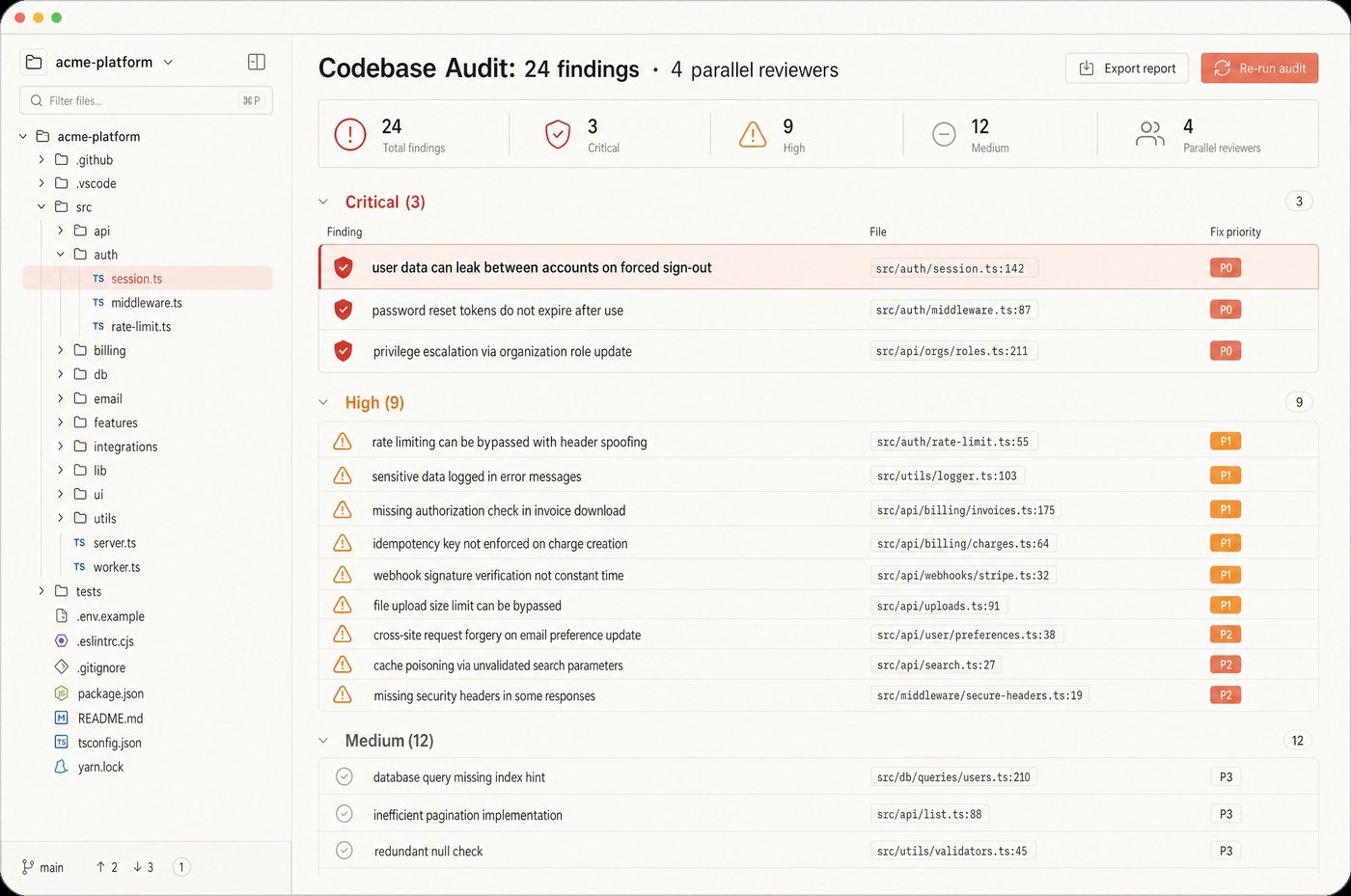 Codebase Audit interface — acme-platform repo showing 24 findings across 4 parallel reviewers, with Critical, High, and Medium sections listing security issues like user data leak on forced sign-out, expired reset tokens, and privilege escalation