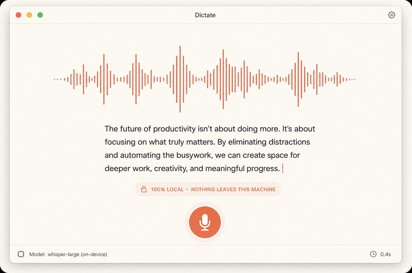 Dictate — a local dictation app with orange waveform and transcribed text about the future of productivity, showing '100% LOCAL · NOTHING LEAVES THIS MACHINE' badge and whisper-large on-device model