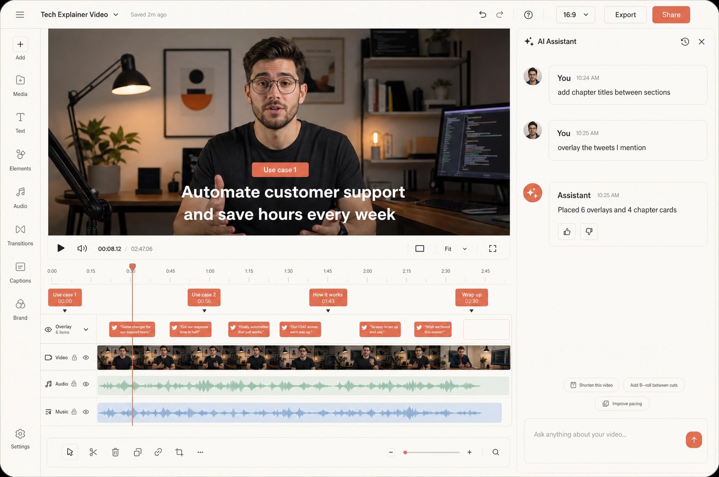 AI-assisted video editor for a Tech Explainer Video, showing chapter cards (Use case 1, Use case 2, How it works, Wrap up), tweet overlays synced with speech moments, and an AI Assistant panel responding to 'add chapter titles between sections' and 'overlay the tweets I mention'