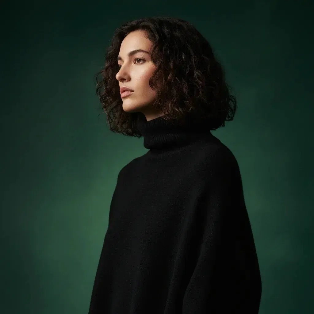 Fashion editorial portrait of a woman in oversized black turtleneck against deep emerald green backdrop