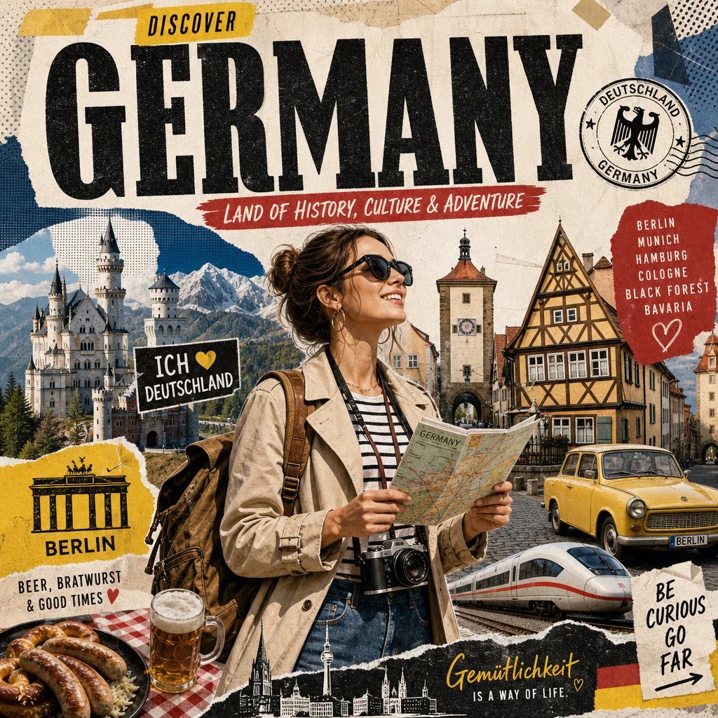 Vintage collage-style travel poster for Germany with tourist and landmarks