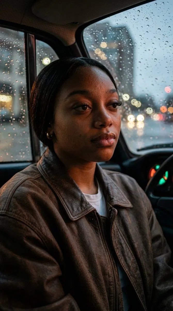 Intimate portrait of a young woman inside a classic 1970s Porsche at dusk with rainy windows