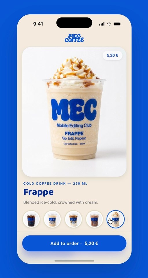 MEC Coffee product configurator — mobile app showing Frappe cold coffee drink at 5.20€, with size and variant thumbnails and Add to order button