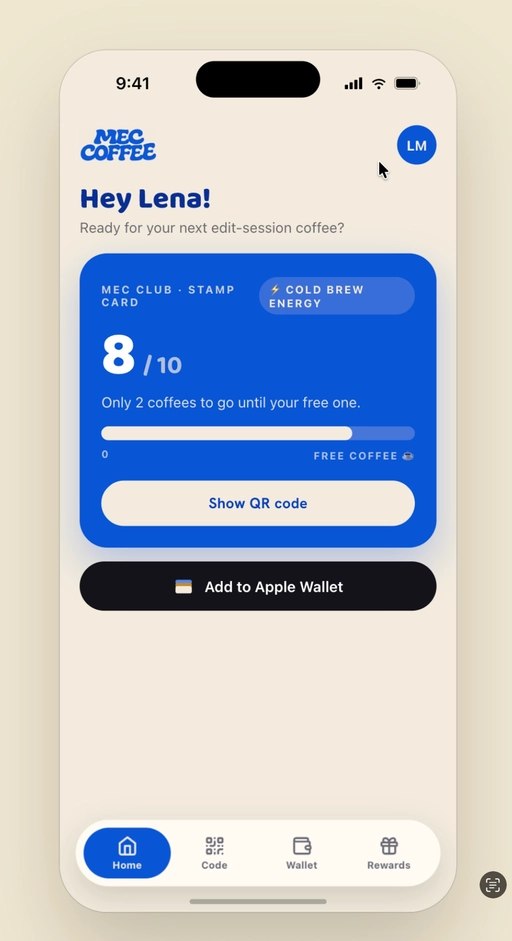 MEC Coffee loyalty program demo — mobile app showing 'Hey Lena!' greeting, a MEC Club stamp card with 8/10 progress, Show QR code button, Add to Apple Wallet, and Home/Code/Wallet/Rewards tabs