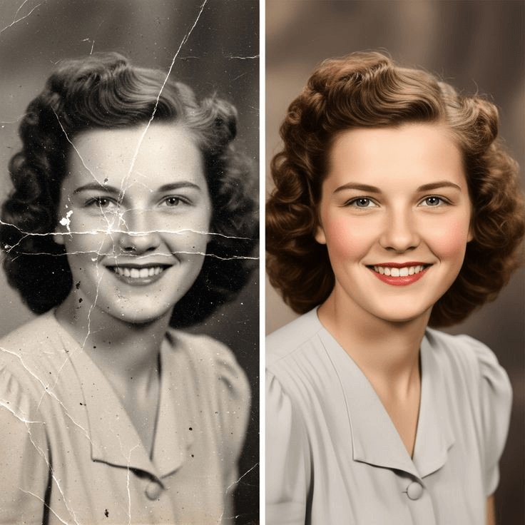 Before and after of a restored and colorized vintage portrait