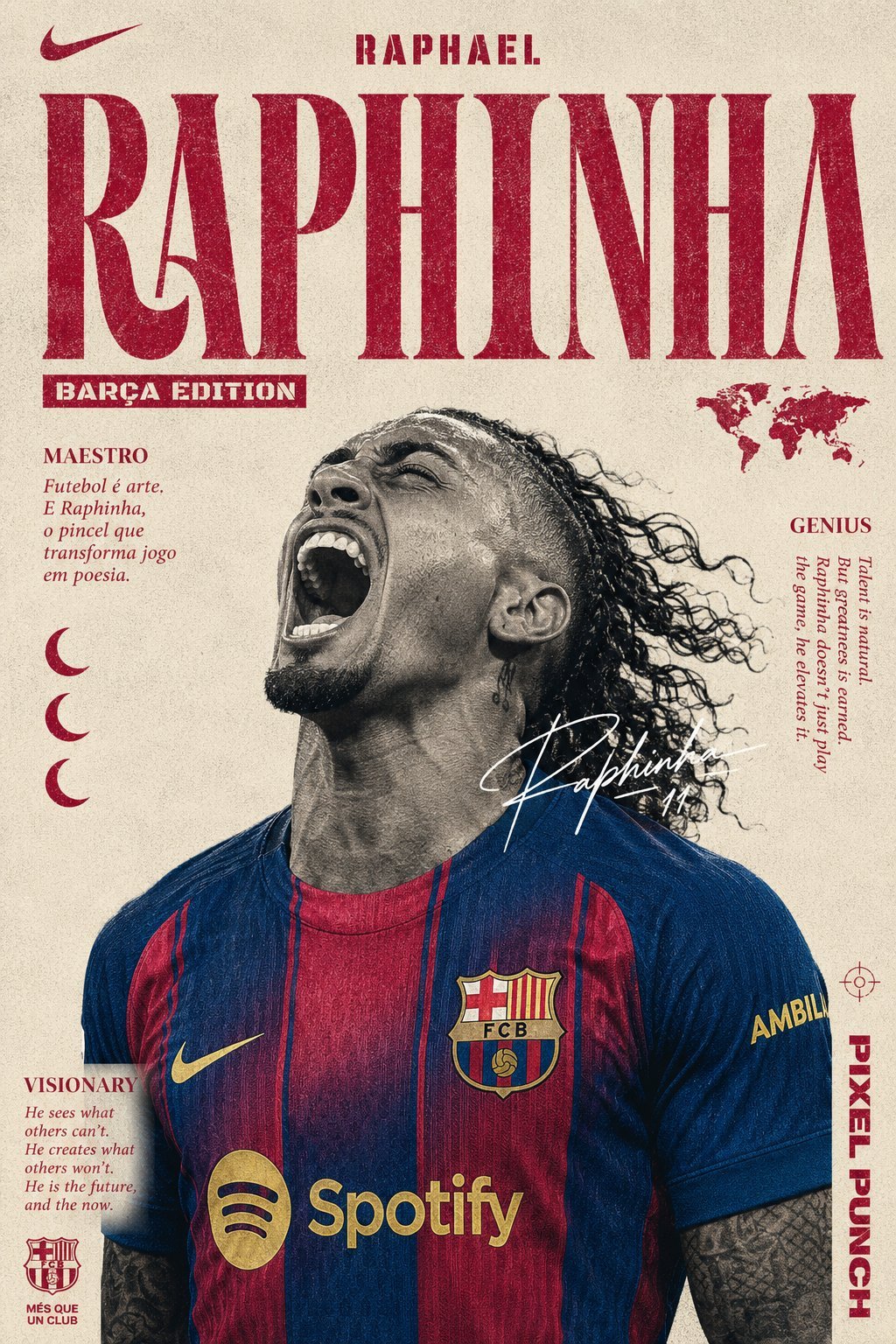 Editorial magazine-style sports poster of Raphinha in FC Barcelona kit