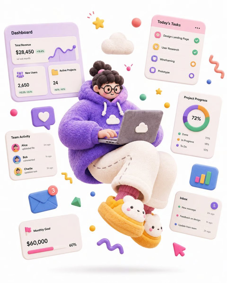 3D soft-sculpture SaaS character illustration with floating dashboard UI cards