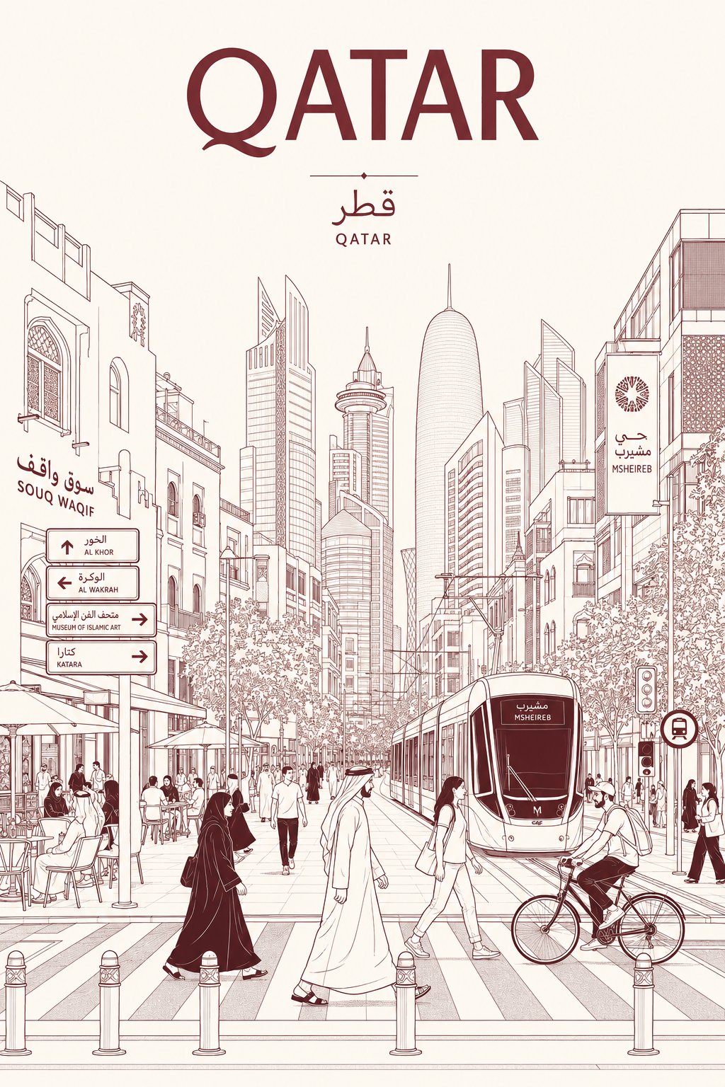 Minimalist line-art travel poster of Qatar