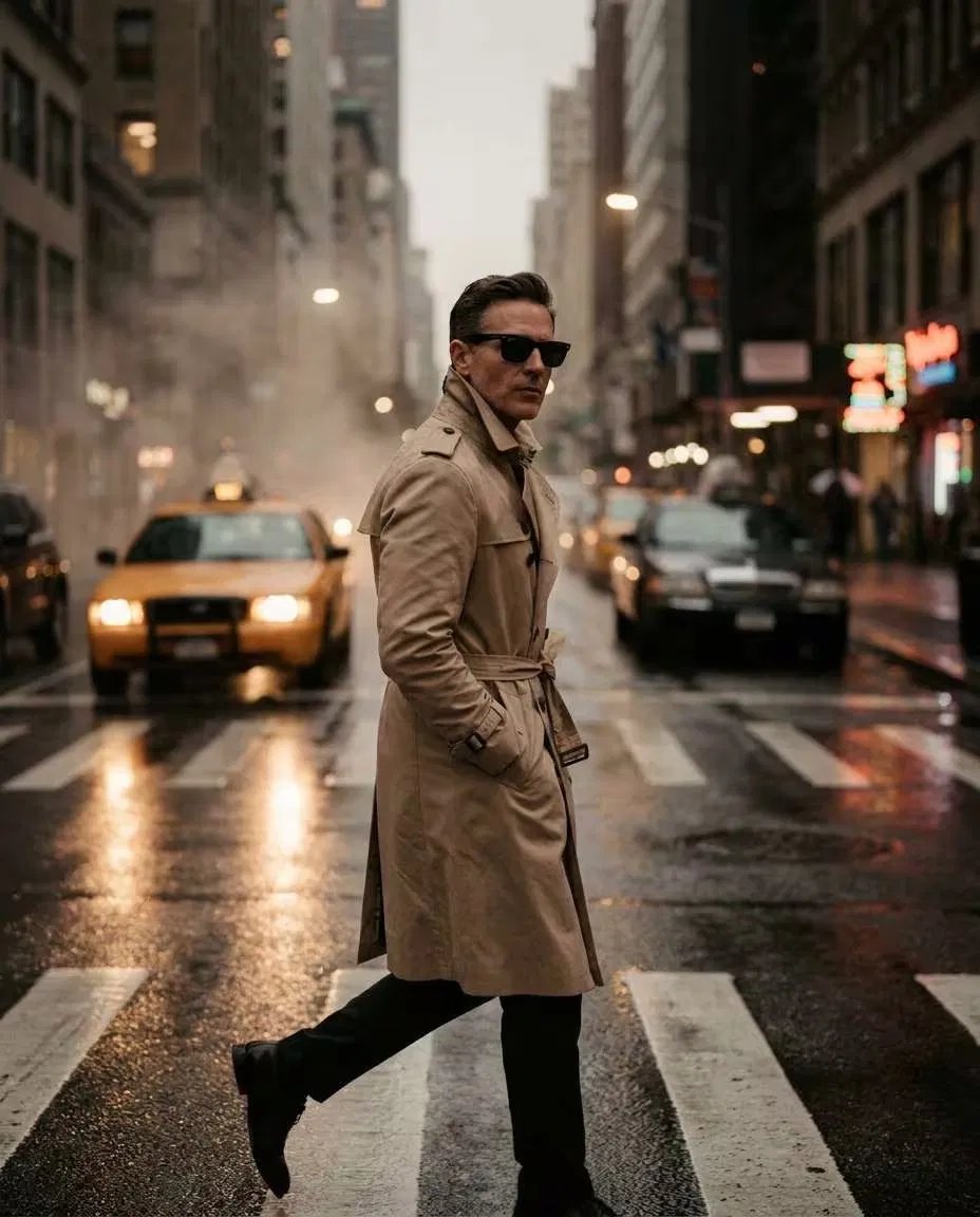 Full-body street fashion shot of a model in a beige trench coat walking across a rainy city crosswalk at dusk
