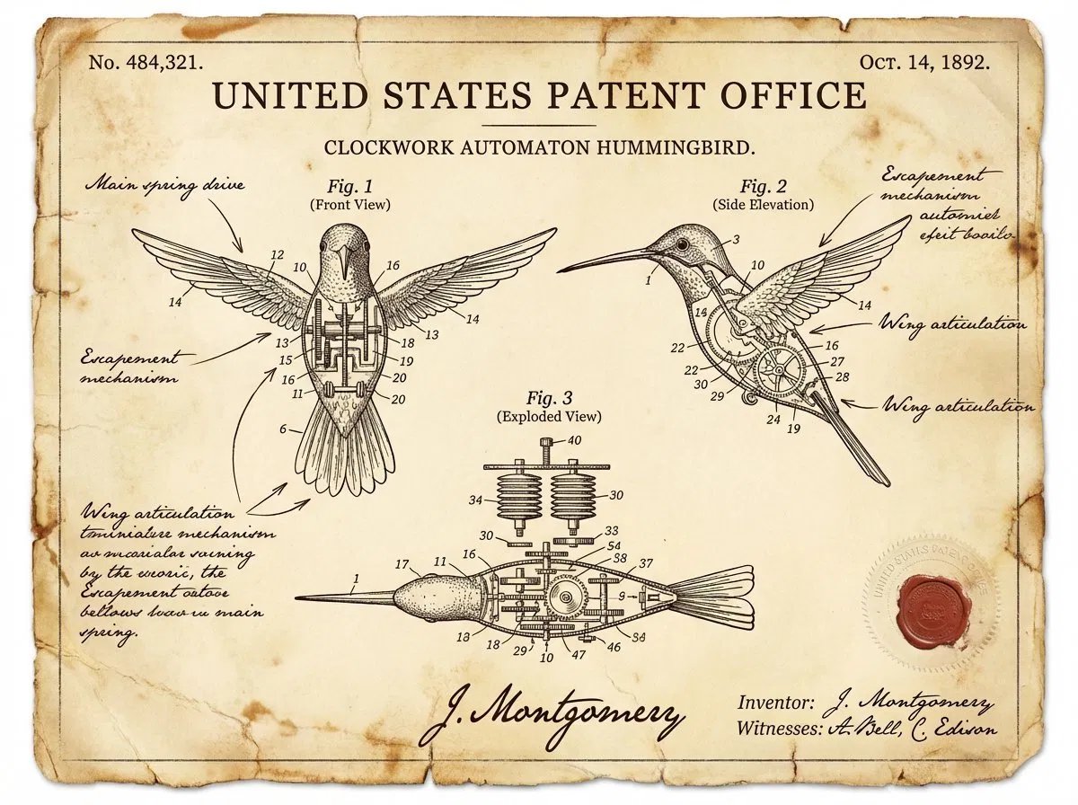 Vintage United States Patent Office document for a clockwork automaton hummingbird
